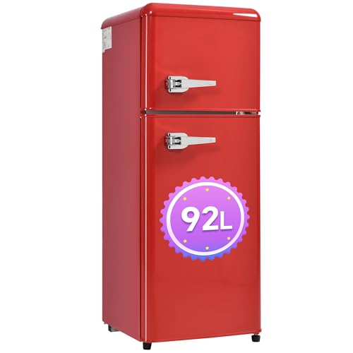 DRIXNO Retro-Kühlschrank. Kühl-Gefrier-Kombination, 105.5 cm hoch, 41 cm breit, zweitürig, mit 92 Liter Gesamtvolumen, 28 Liter Gefriervolumen. Türregale und Glasregale. 181 kWh/Jahr,