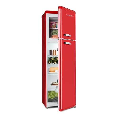 Klarstein Audrey Retro - Kühlschrank mit Gefrierfach, sparsam und umweltfreundlich, fridge, 0 bis 10 °C, Kühl Gefrierkombination, Kühlschrank mit 194 L, 56 L Gefrierschrank, rot