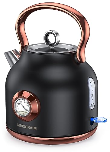 NESSGRAIM Retro Wasserkocher, 1,7L Edelstahl-Teekessel mit Großer Temperaturanzeige, 2200W Schnell Aufheizender Heißwasserboiler mit LED-Indikator，schwarz
